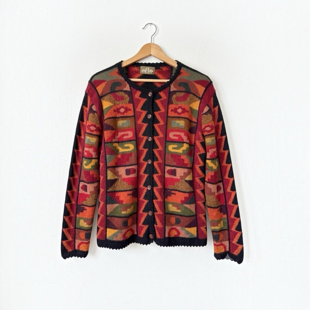 Vtg Fina Laca Baby Alpaca Knit Southwestern Santa Fe Cardigan‎ Sweater Medium